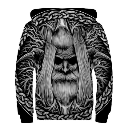 Black And White Odin With Crows Print Sherpa Lined Zip Up Hoodie