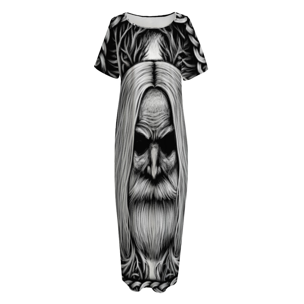 Black And White Odin With Crows Print Short Sleeve Long Nightdress