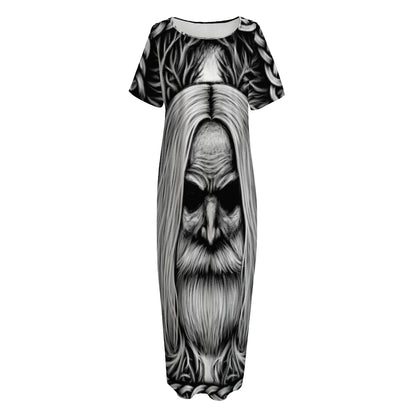 Black And White Odin With Crows Print Short Sleeve Long Nightdress