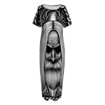 Black And White Odin With Crows Print Short Sleeve Long Nightdress