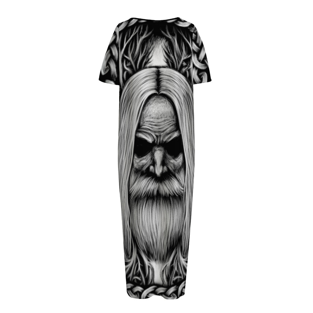 Black And White Odin With Crows Print Short Sleeve Long Nightdress