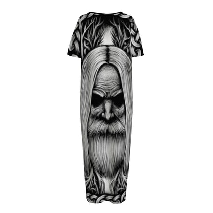 Black And White Odin With Crows Print Short Sleeve Long Nightdress