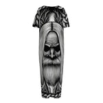 Black And White Odin With Crows Print Short Sleeve Long Nightdress