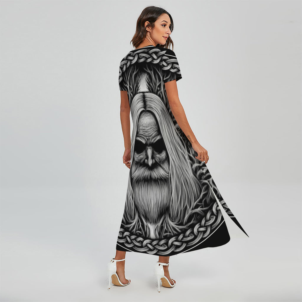 Black And White Odin With Crows Print Short Sleeve Maxi Dress