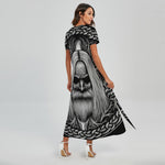 Black And White Odin With Crows Print Short Sleeve Maxi Dress
