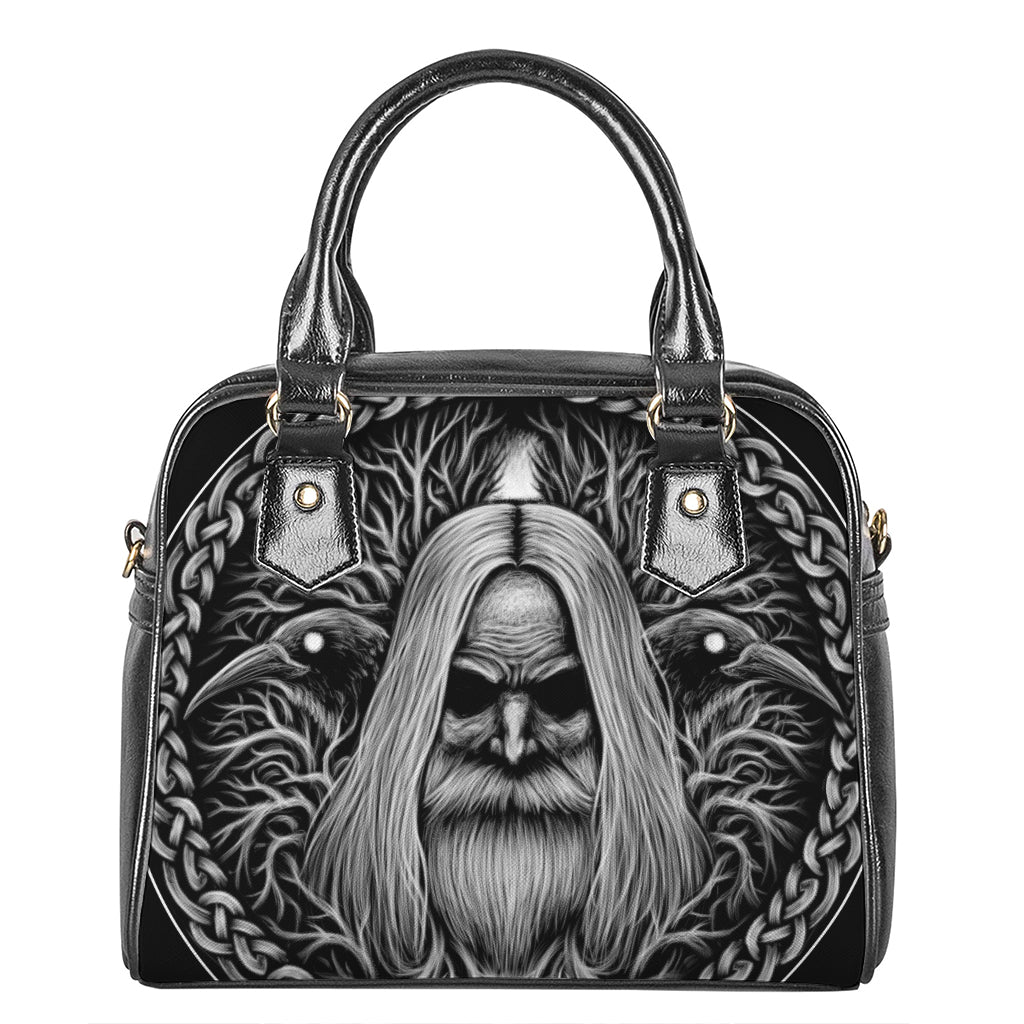 Black And White Odin With Crows Print Shoulder Handbag