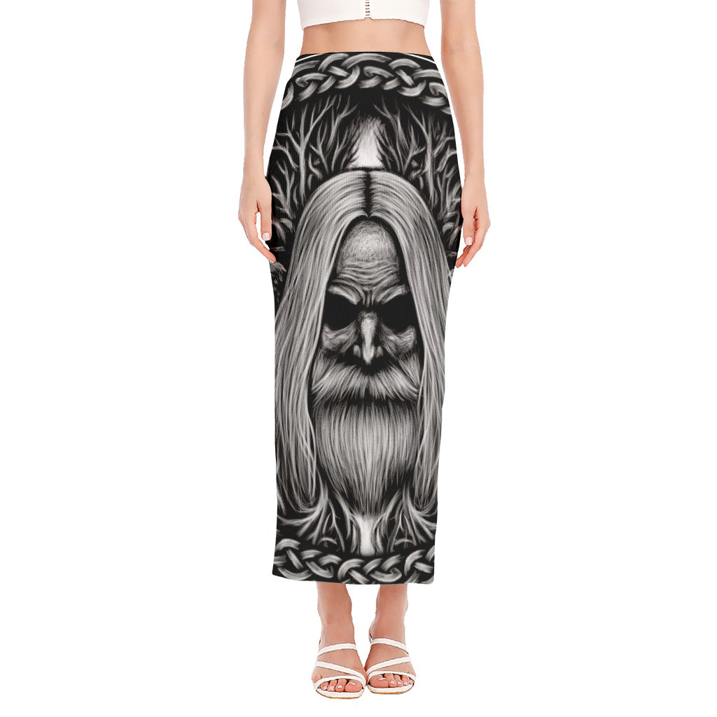 Black And White Odin With Crows Print Side Slit Maxi Skirt