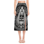 Black And White Odin With Crows Print Side Slit Midi Skirt