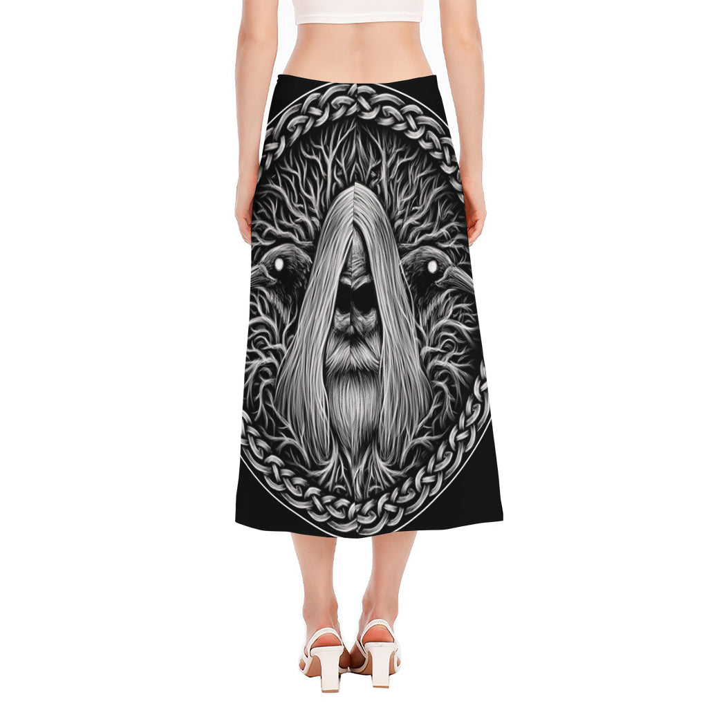 Black And White Odin With Crows Print Side Slit Midi Skirt