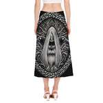Black And White Odin With Crows Print Side Slit Midi Skirt