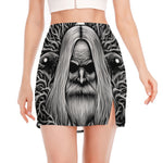 Black And White Odin With Crows Print Side Slit Mini Skirt