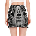 Black And White Odin With Crows Print Side Slit Mini Skirt