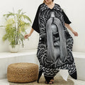Black And White Odin With Crows Print Silk V-Neck Kaftan Dress