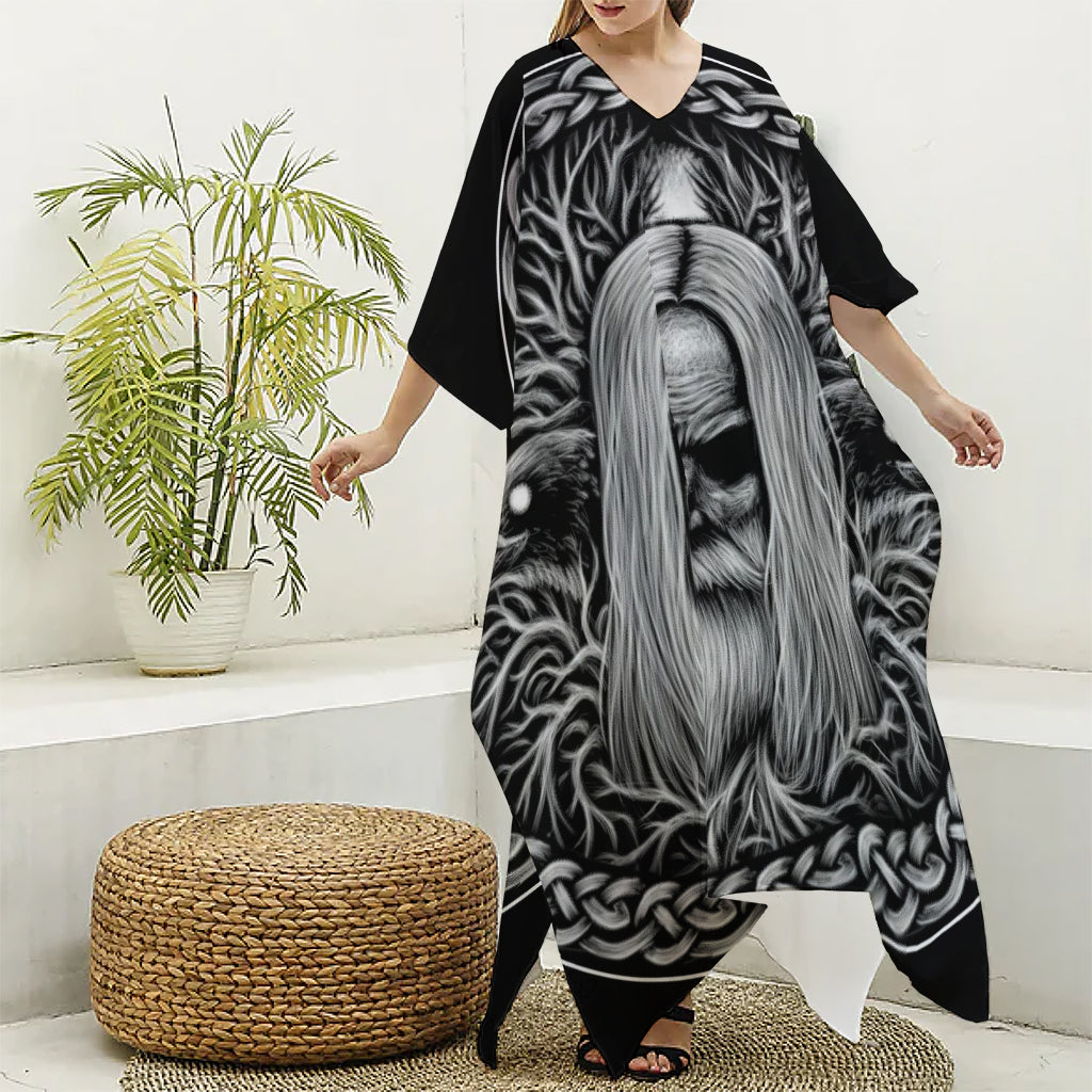 Black And White Odin With Crows Print Silk V-Neck Kaftan Dress