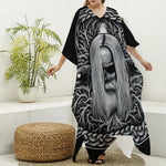 Black And White Odin With Crows Print Silk V-Neck Kaftan Dress