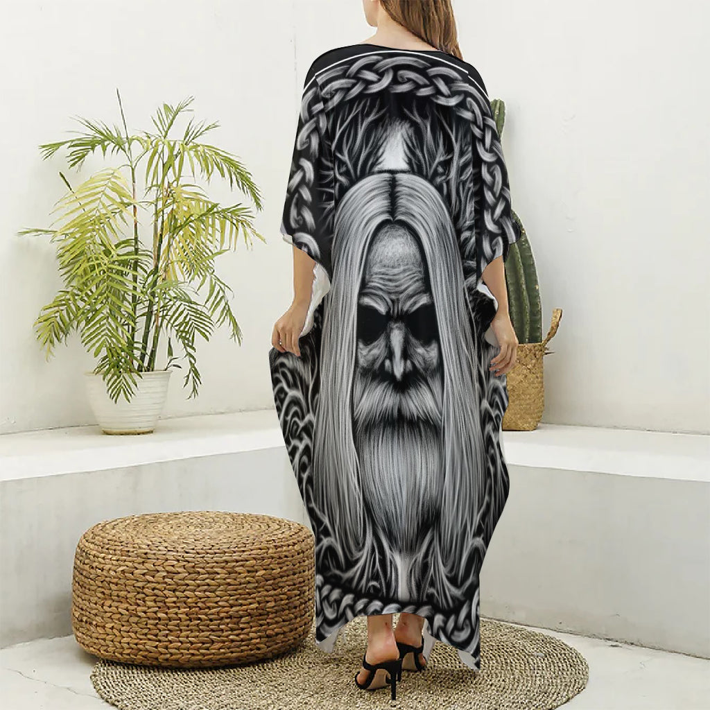 Black And White Odin With Crows Print Silk V-Neck Kaftan Dress