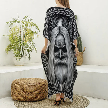 Black And White Odin With Crows Print Silk V-Neck Kaftan Dress