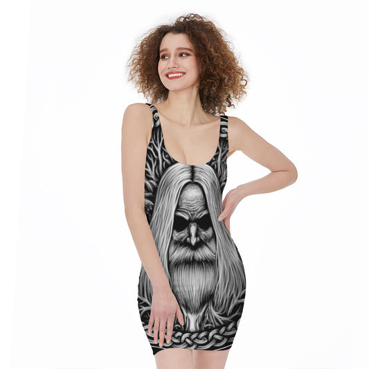 Black And White Odin With Crows Print Sleeveless Bodycon Dress