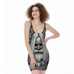 Black And White Odin With Crows Print Sleeveless Bodycon Dress