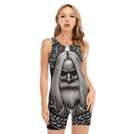 Black And White Odin With Crows Print Sleeveless One Piece Swimsuit