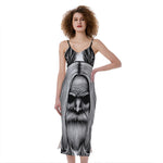 Black And White Odin With Crows Print Slim Fit Midi Cami Dress