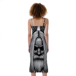 Black And White Odin With Crows Print Slim Fit Midi Cami Dress