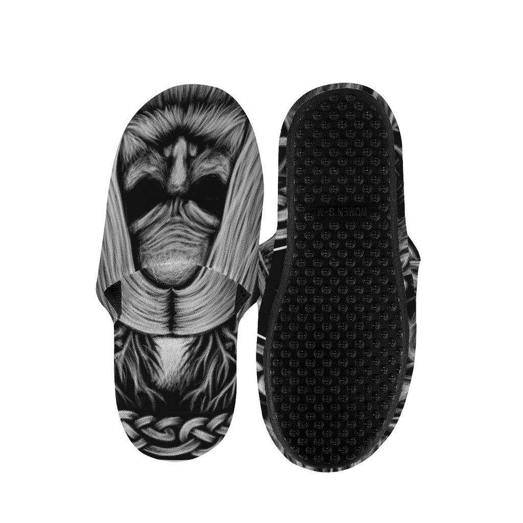 Black And White Odin With Crows Print Slippers