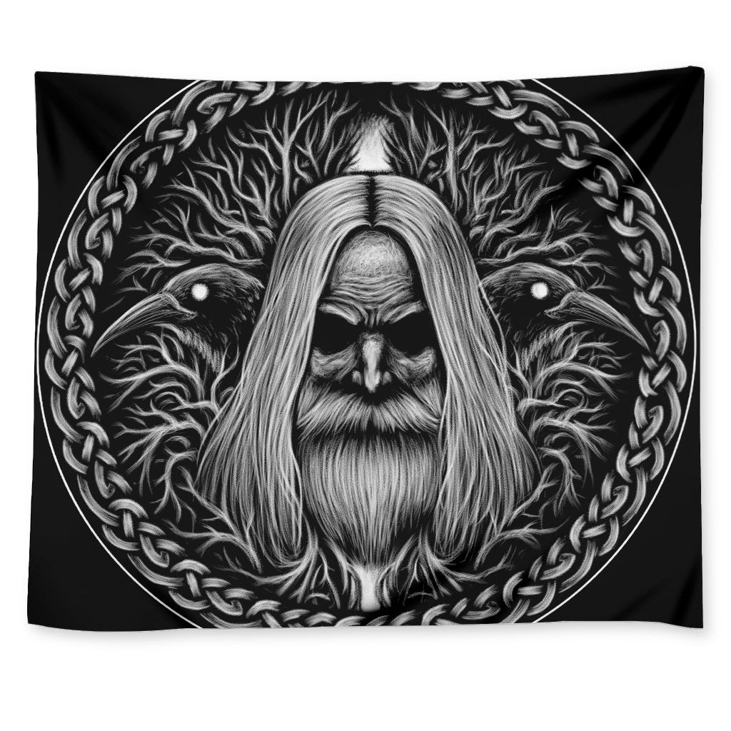 Black And White Odin With Crows Print Tapestry