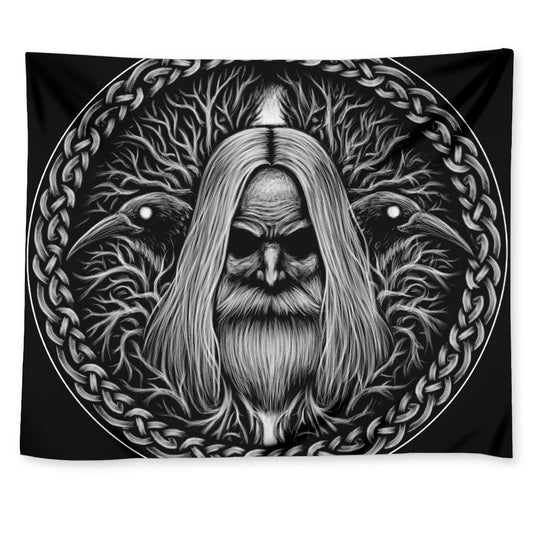 Black And White Odin With Crows Print Tapestry