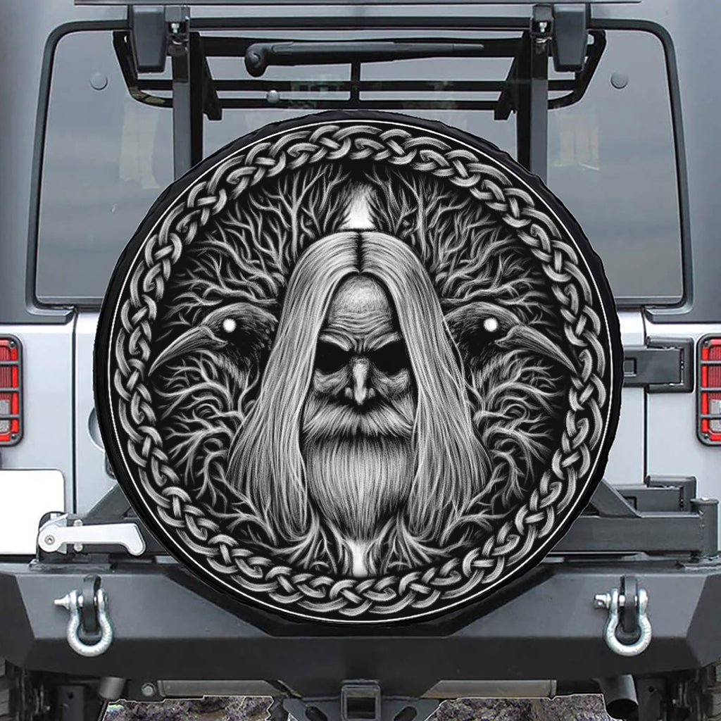 Black And White Odin With Crows Print Tire Cover