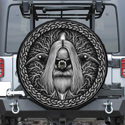 Black And White Odin With Crows Print Tire Cover With Camera Hole