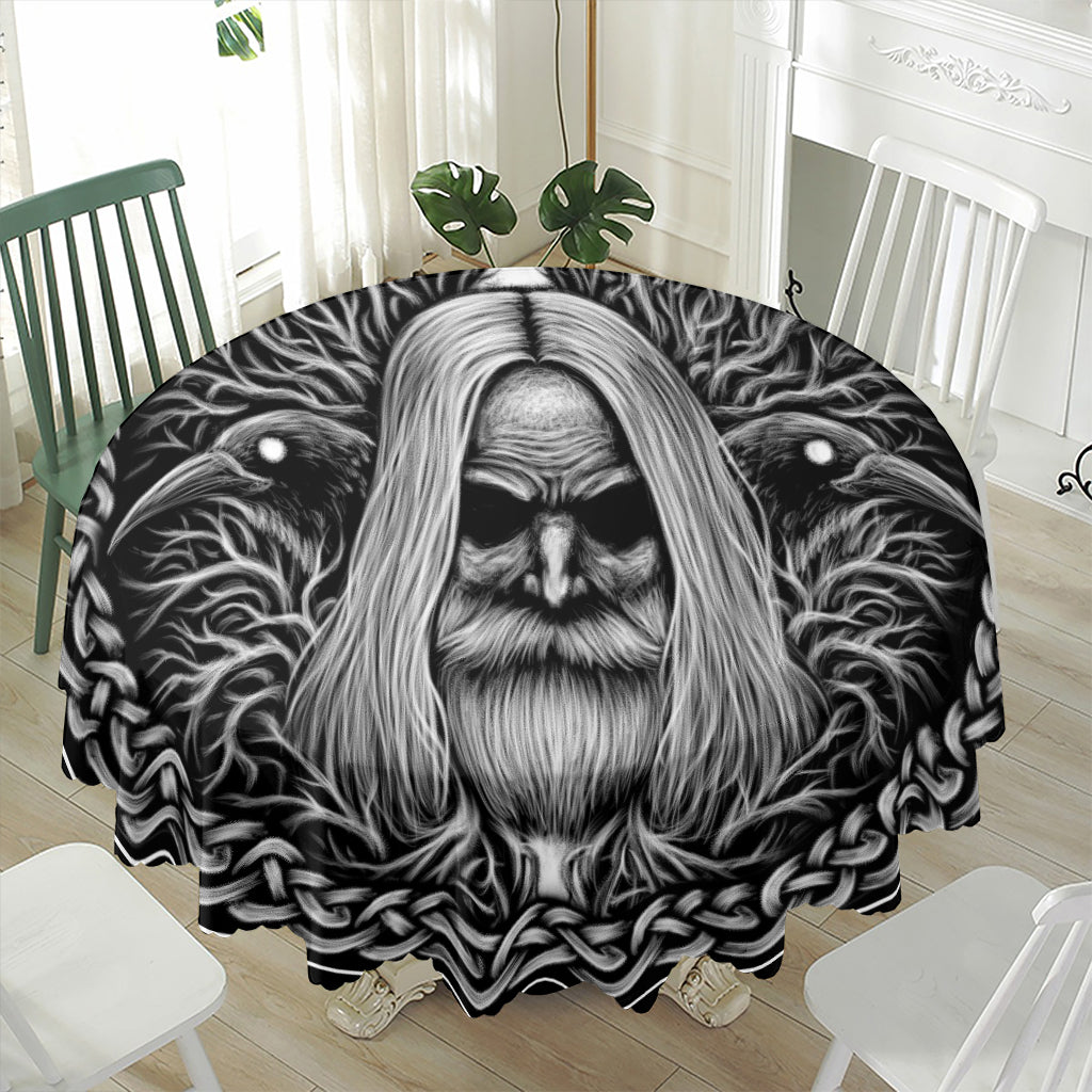 Black And White Odin With Crows Print Waterproof Round Tablecloth