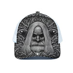 Black And White Odin With Crows Print White Mesh Trucker Cap