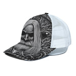 Black And White Odin With Crows Print White Mesh Trucker Cap
