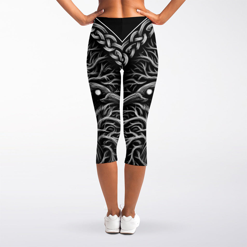Black And White Odin With Crows Print Women's Capri Leggings