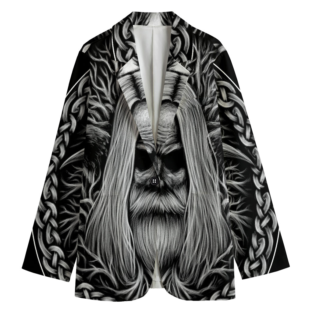 Black And White Odin With Crows Print Women's Cotton Blazer