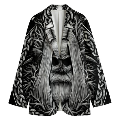 Black And White Odin With Crows Print Women's Cotton Blazer