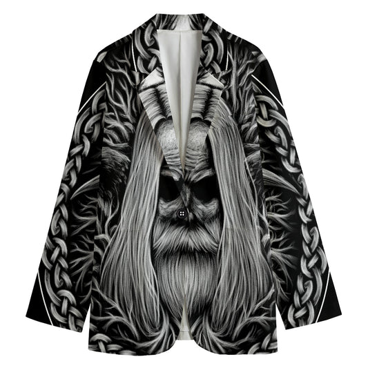 Black And White Odin With Crows Print Women's Cotton Blazer