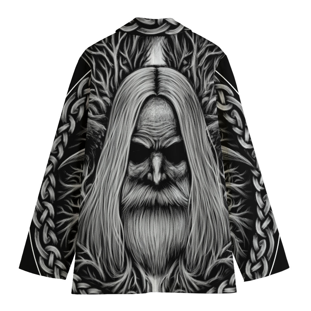 Black And White Odin With Crows Print Women's Cotton Blazer