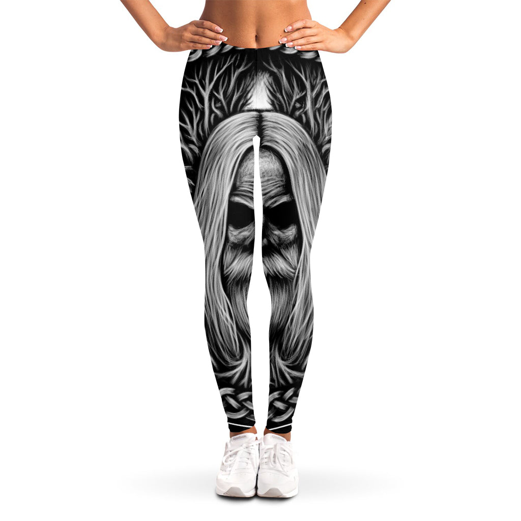 Black And White Odin With Crows Print Women's Leggings