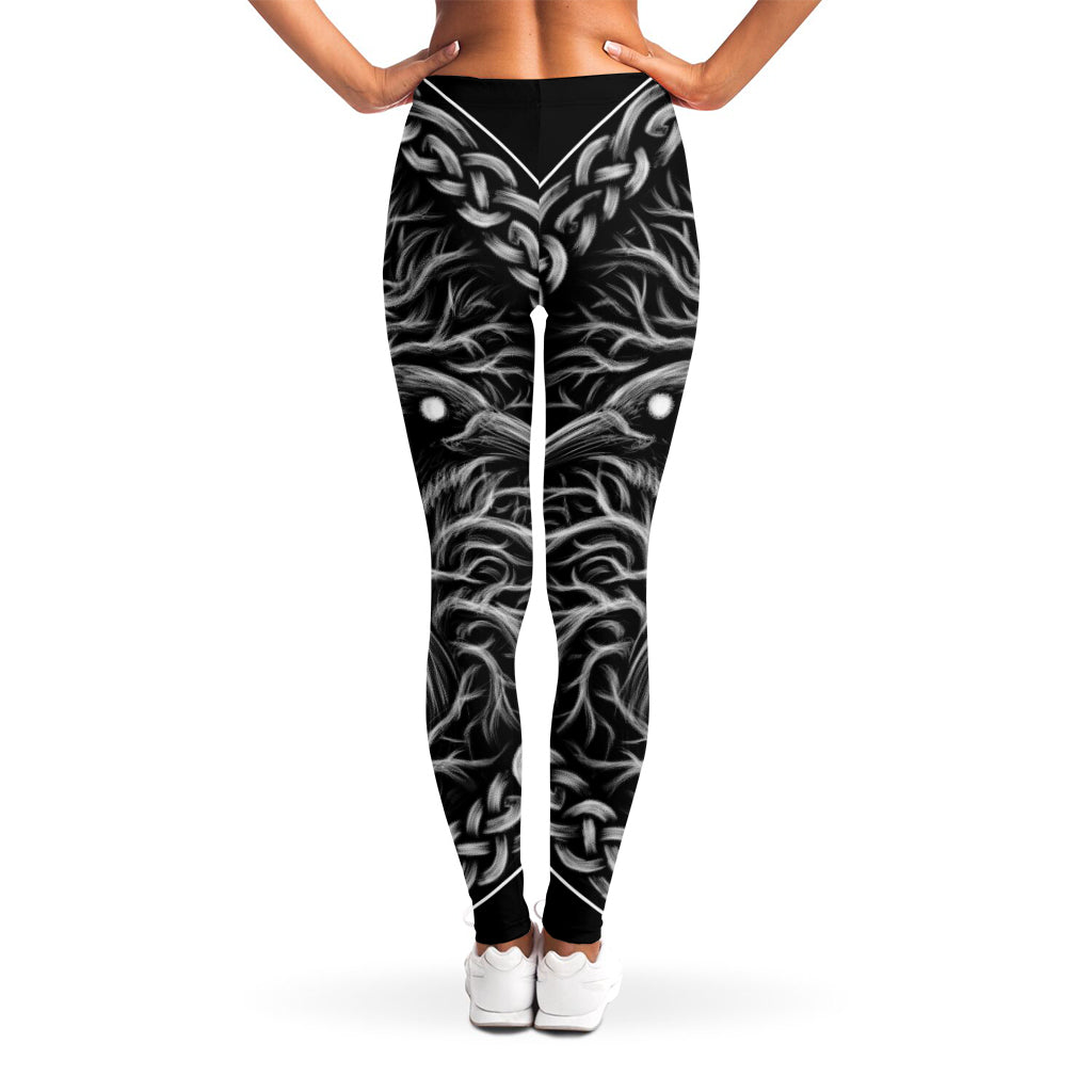 Black And White Odin With Crows Print Women's Leggings