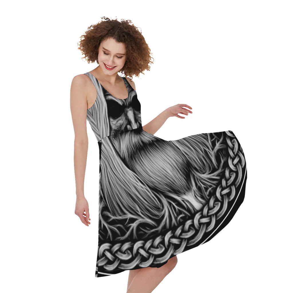 Black And White Odin With Crows Print Women's Sleeveless Dress