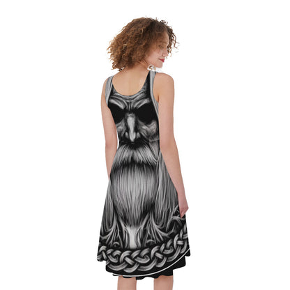 Black And White Odin With Crows Print Women's Sleeveless Dress