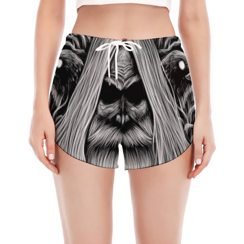 Black And White Odin With Crows Print Women's Split Running Shorts