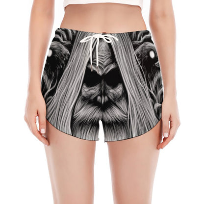 Black And White Odin With Crows Print Women's Split Running Shorts