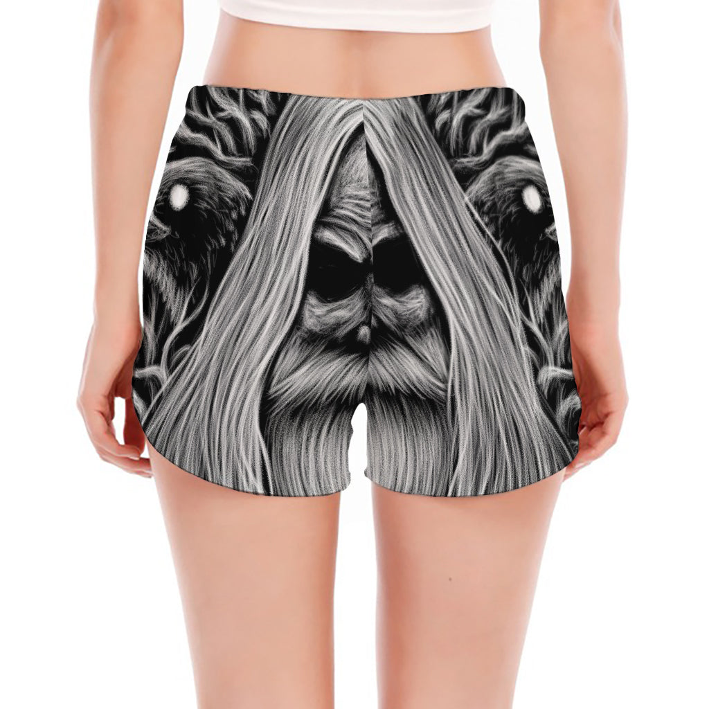 Black And White Odin With Crows Print Women's Split Running Shorts