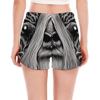Black And White Odin With Crows Print Women's Split Running Shorts