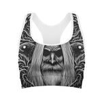 Black And White Odin With Crows Print Women's Sports Bra