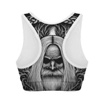 Black And White Odin With Crows Print Women's Sports Bra