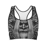 Black And White Odin With Crows Print Women's Sports Bra